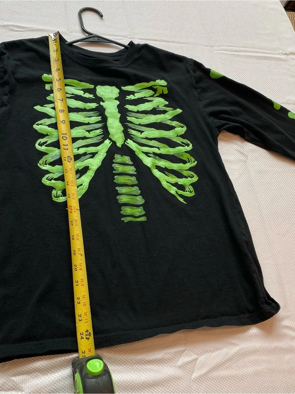 Kids Halloween Black Long-Sleeve Tee with Neon Green Skeleton Print
